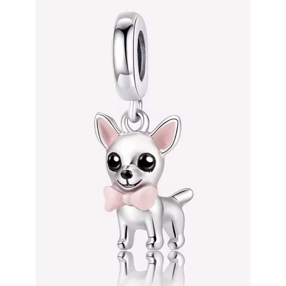 Silver Chihuahua Dog Charm with Pink Bow - Pet Lover Jewelry
